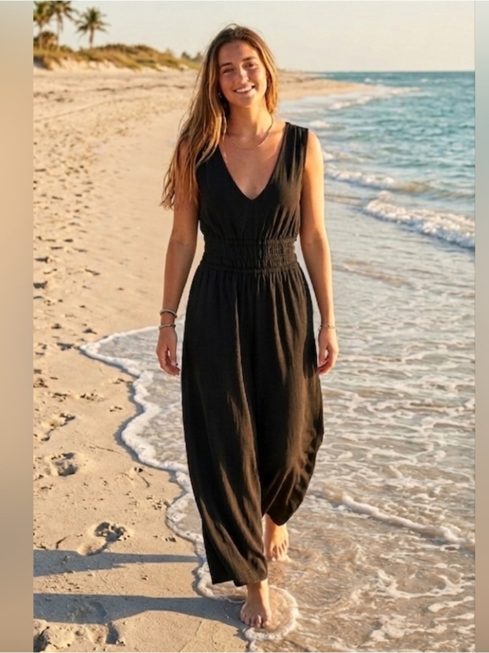 Inspired Hearts Black V Neck Jumpsuit side cut outs wide leg Medium